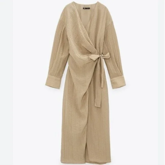 ZARA Dress Wrap Style Textured Midi Long Sleeve - Picture 10 of 15